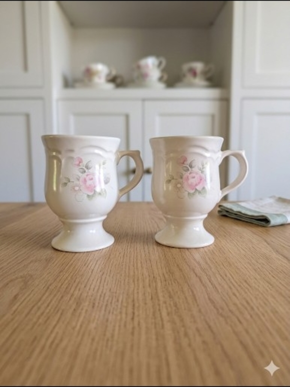 Vintage Pfaltzgraff Floral Pedestal Mugs – Set of 2 – Cream Stoneware